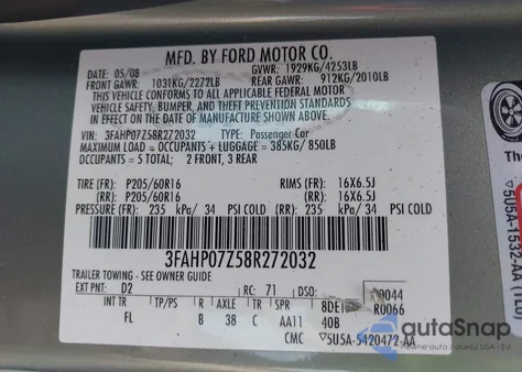 2008 Ford Fusion Se from USA, damaged, VIN 3FAHP07Z58R272032